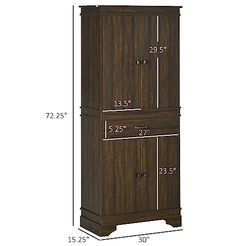 HOMCOM 72" Farmhouse Kitchen Pantry, 4-Door Rustic Storage Cabinet with Drawer and 3 Shelves, Walnut HOMCOM