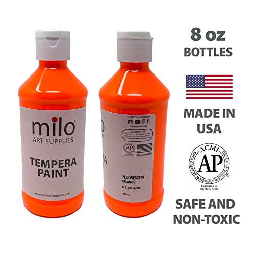 milo Fluorescent Tempera Paint Set of 8 Colors | 8 oz Bottles | Made in the USA | Washable and Non-Toxic Neon Art & Craft Poster Primary Paints for milo