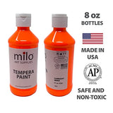 milo Fluorescent Tempera Paint Set of 8 Colors | 8 oz Bottles | Made in the USA | Washable and Non-Toxic Neon Art & Craft Poster Primary Paints for milo