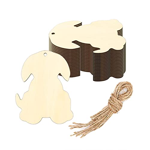 Creaides 20pcs Dog Wood DIY Crafts Cutouts Wooden Puppy Dog Shaped Hanging Ornaments with Hole Hemp Ropes for Dog Themed Birthday Party Decorations