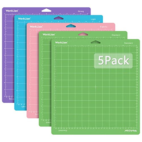 WORKLION Cutting Mat 12x12 for Cricut: (5 Mats, 2 Standard adhesive/ 1 Frabric adhesive/ 1 Light adhesive/ 1 Strong adhesive) Variety Mats for Cricut WORKLION