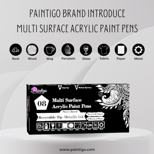 PAINTIGO Acrylic Paint Pens,8 Pack 4 Black 4 White Paint Markers, Paint Pens for Rock Painting Stone Ceramic Glass Wood Plastic Glass Metal PAINTIGO