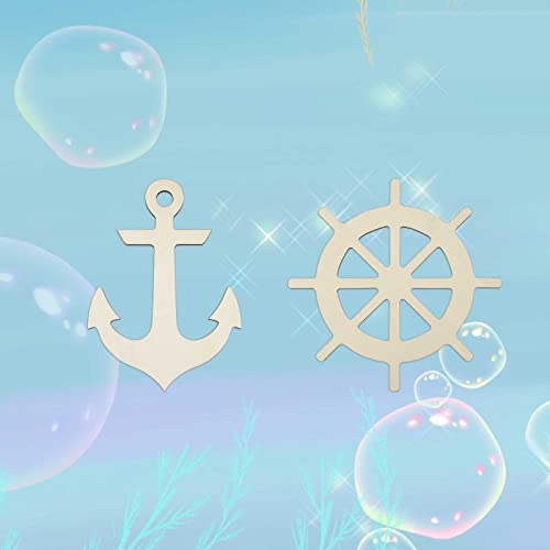 Creaides 60 Pcs Anchor Rudder Wood DIY Craft Cutouts Unfinished Wood Ornaments Gift for Ocean Themed Party Home Decoration Creaides