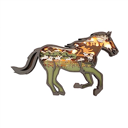 3D Wooden Animals Carving LED Night Light, Wood Carved Lamp Modern Festival Decoration Home Decor Desktop Desk Table Living Room Bedroom Office Farmhouse Shelf Statues Perfect Gifts (Horse)