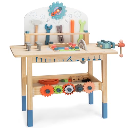 V-Opitos Large Wooden Tool Bench Toys for Kids, Toddler Workbench Pretend Toy with Tools Set for Pretend Play, Ideal Christmas, Birthday Gifts for 3, - WoodArtSupply