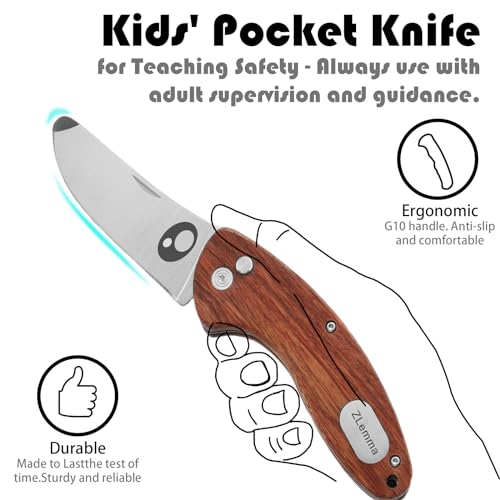 ZLemma Kids Pocket Knife with Sheath Set - Stainless Steel Children’s Folding Pocket Knife with Safety Rounded Tip - WoodArtSupply