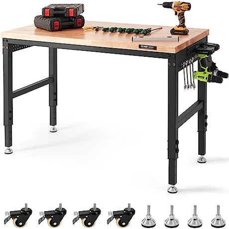 VEVOR Adjustable Workbench, 48" L X 24" W Garage Worktable with Universal Wheels, 28-39.5" Heights & 2000 LBS Load Capacity, with Power Outlets & VEVOR