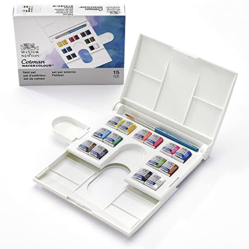 Winsor & Newton Cotman Watercolor Paint Set, Field Set, 14 Half Pan w/ Brush, Mixing Palette, Multicolor, 15 Piece Set Winsor & Newton
