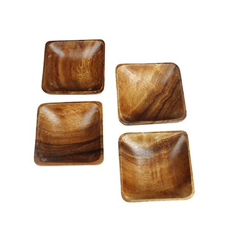 Acacia Handmade Wood Carved Plates - Set of 4 Calabash Bowls Size 4" (Square) BSRN