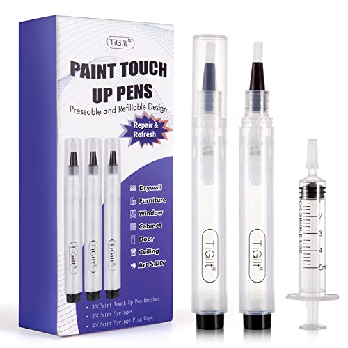 TiGilt Touch Up Paint Pens 3-Pack - Refillable Paint Brush Pens for Walls Furniture Drywall Cabinet Wood Countertop Window Door Small Brushes Repair TiGilt