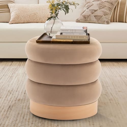 COLAMY Velvet Ottoman Footstool, Tufted Modern Foot Rest Stool with Wood Base for Living Room, Bedroom, Desk, Round Versatile Side End Table, Pouf, - WoodArtSupply