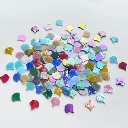 ILLUCKAI 3/4" Iridescent Fanshape Glass Mosaic Tiles for Crafts, 170 Pieces Mosaic Glass Pieces for Home Decor, Stained Glass Supplies Mosaic Kit for - WoodArtSupply