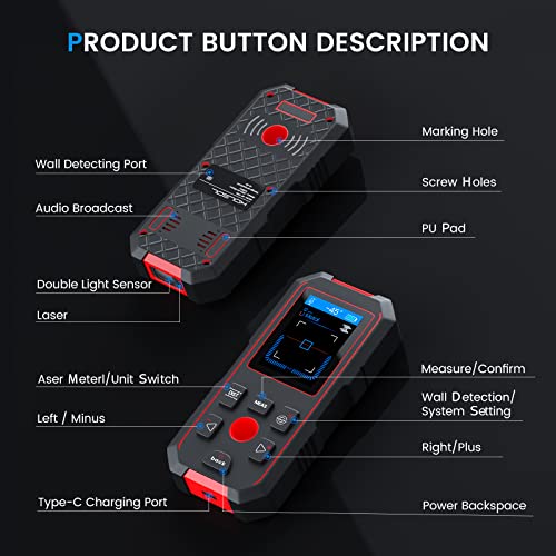 KOLSOL Stud Finder with 196ft Laser Measure, 3 in 1 Electric Wall Scanner Sensor with ±0.1° Digital Level Lithium Battery, LCD Studs Detector Audio KOLSOL