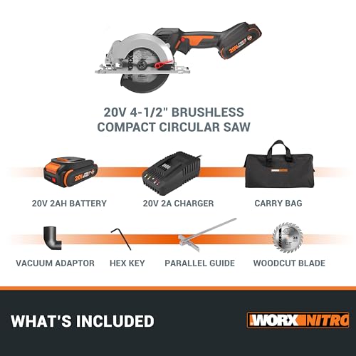 Worx Nitro 20V Brushless 4-1/2" Cordless Circular Saw, Compact Circular Saw, Up to 6,900 RPM, 0-46° Bevel Cuts, Circular Saw Cordless WX531L – WORX
