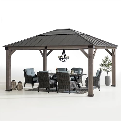 Sunjoy Hardtop Gazebo 13 x 15 ft. Upgrade Cedar Framed Wood Gazebo, Outdoor Patio Gazebo with Black Steel and Polycarbonate Hip Roof and Ceiling - WoodArtSupply