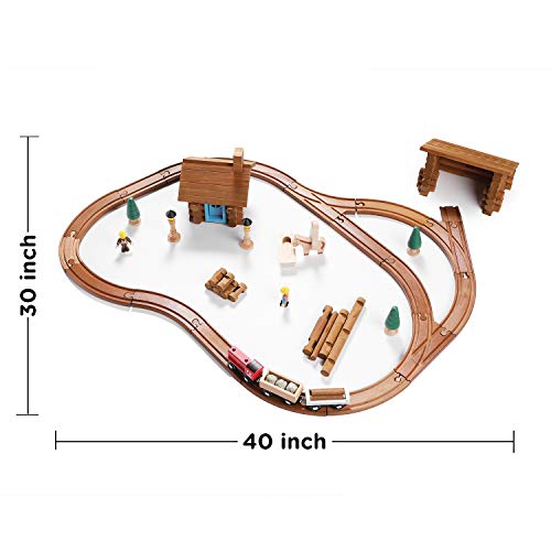 SainSmart Jr. 100 PCS Wooden Train Set with Log Cabin, Toddler Buildable Train Track - Real Wood Building Blocks Construction Toy for 3,4,5 Year Old - WoodArtSupply