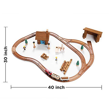 SainSmart Jr. 100 PCS Wooden Train Set with Log Cabin, Toddler Buildable Train Track - Real Wood Building Blocks Construction Toy for 3,4,5 Year Old - WoodArtSupply