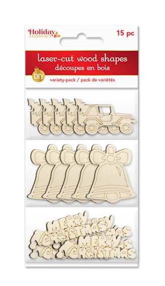 Christmas Icons - Unfinished Laser Cut Out Wooden Shapes for Crafting - Natural Wood - 15 Pieces (Jeep, Bell, Merry Christmas) Woodpile Fun!