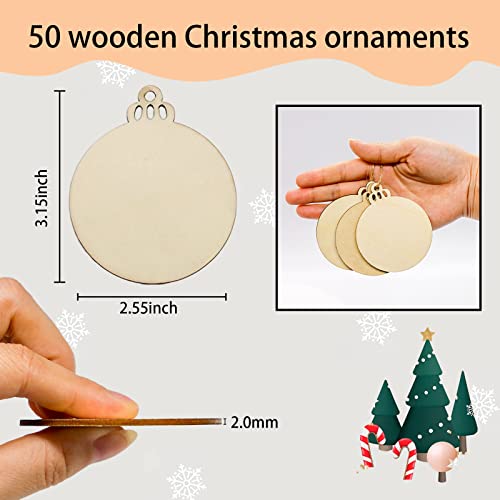 LEBERY 50Pcs Wooden Christmas Ornaments Unfinished Natural Wood Slices Predrilled Wooden Christmas Cutouts for Crafts to Paint DIY Centerpieces LEBERY
