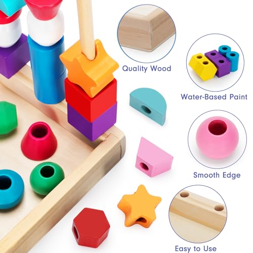 TooyBing Montessori Wooden Lacing Beads Toys for 2 3 4 Year Old Toddler Kids, Sequencing & Stacking Block Toy with Storage Box, STEM Preschool TooyBing