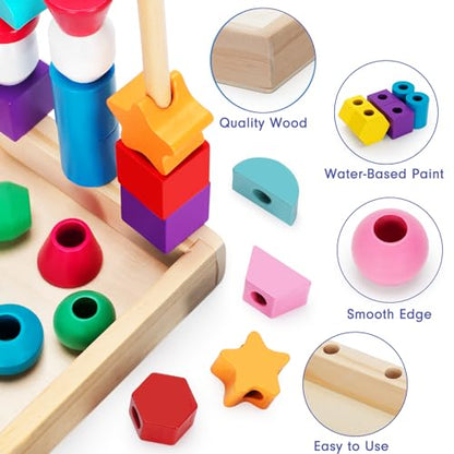 TooyBing Montessori Wooden Lacing Beads Toys for 2 3 4 Year Old Toddler Kids, Sequencing & Stacking Block Toy with Storage Box, STEM Preschool