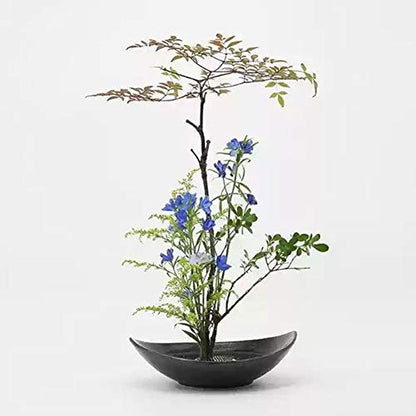 WANDIC Flower Frog Kit, Crescent Shaped Ikebana Flower Vase with 5cm Ikebana Kenzan Flower Frog and Wood Base for Flower Arranging Art, Black Spotted - WoodArtSupply