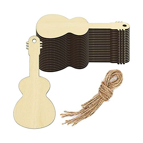 Creaides Guitar Wood DIY Craft Cutout Wooden Guitar Shaped Hanging Ornaments with Hole Hemp Ropes Gift Tags for Wedding Birthday Christmas Party Creaides