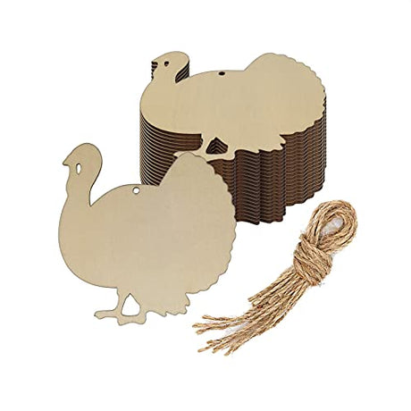 Creaides 20pcs Turkey Wood DIY Crafts Cutouts Wooden Turkey Shaped Hanging Ornaments with Hole Hemp Ropes Gift Tags for Fall Harvest Thanksgiving Creaides