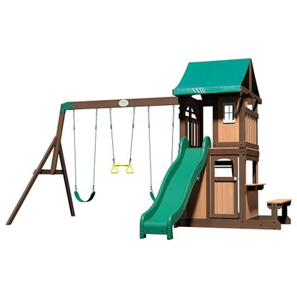 Backyard Discovery Lakewood Cedar Wood Swing Set, Covered Upper Deck with White Trim Window, Slide with Rails, Lower Fort Area with Door and Attached - WoodArtSupply