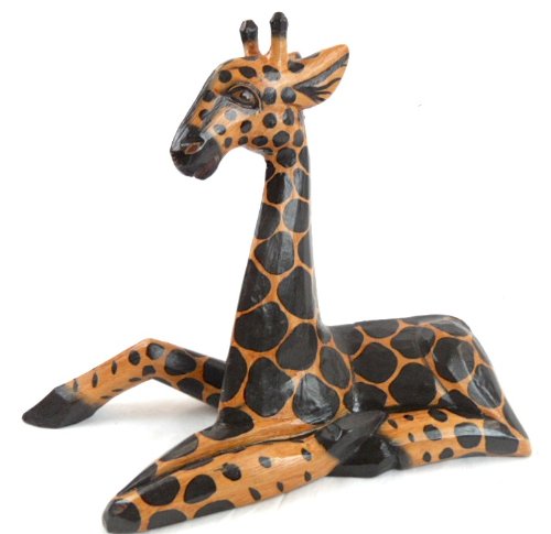 Hand Carved Wooden African Baby Giraffe Statue Laying Down
