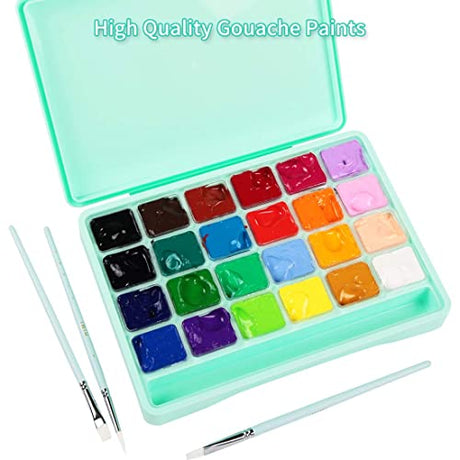 HIMI Gouache Paint Set 24 Vibrant Colors Non Toxic Paints Jelly Cup Design with Palette Paint Brushes Portable for Artist Canvas Painting Watercolor INK LAB
