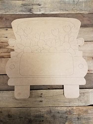 Truck with Flowers Wooden Shape, Engraved Shape, Unfinished Wood Craft, Build-A-Cross Build-A-Cross