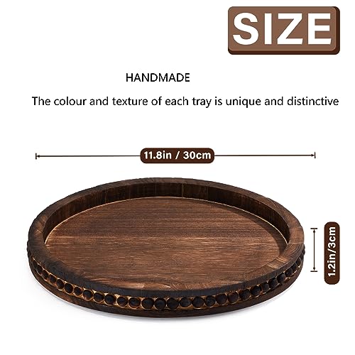 SimpleArt Wooden Decorative Tray, Coffee Table Tray with Wood Beaded Farmhouse Round Serving Tray for Rustic Home Decor,Tray for Kitchen Countertop SimpleArt