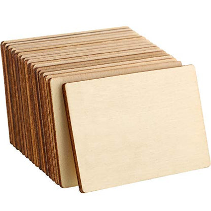 50 Pieces Blank Wood Squares Wood Pieces Unfinished Round Corner Square Wooden Cutouts, 2 x 3 Inch, for DIY Arts Craft Project, Decoration, Laser