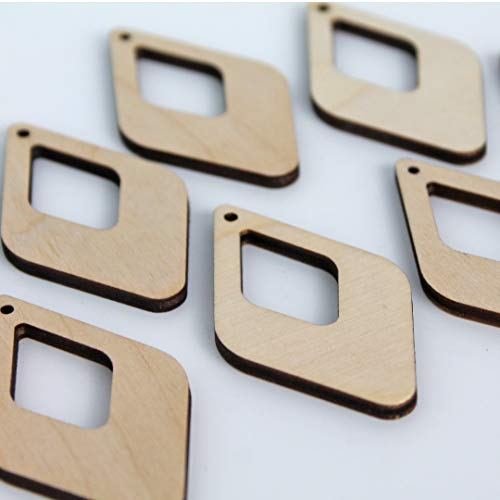 ALL SIZES BULK (12pc to 100pc) Unfinished Wood Wooden Laser Cutout Rounded Diamond with cut out Dangle Earring Jewelry Blanks Charms Shape Crafts