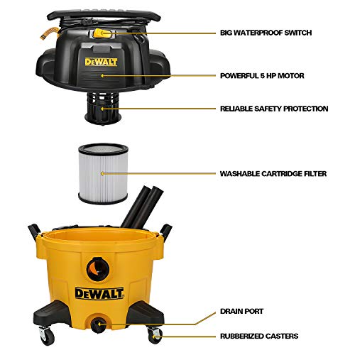DEWALT 9 Gallon Wet/Dry VAC, Heavy-Duty Shop Vacuum with Attachments, 5 Peak HP, with Blower Function, DXV09PA, Yellow DEWALT