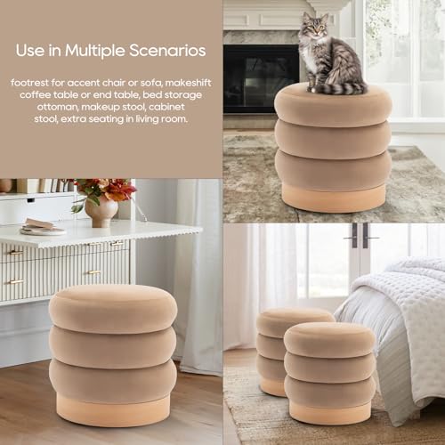 COLAMY Velvet Ottoman Footstool, Tufted Modern Foot Rest Stool with Wood Base for Living Room, Bedroom, Desk, Round Versatile Side End Table, Pouf, - WoodArtSupply