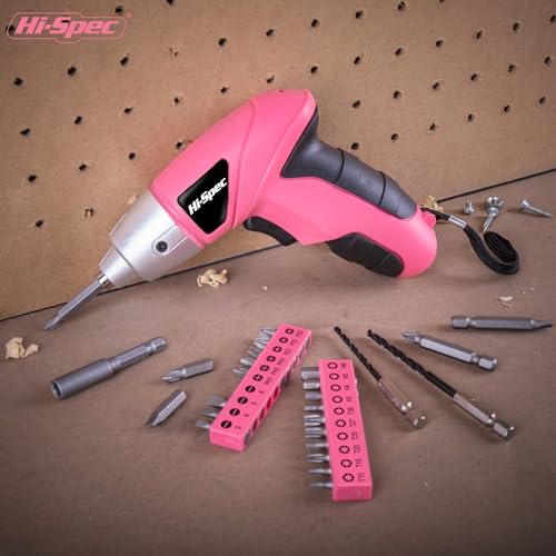 Hi-Spec 27pc 3.6V Pink USB Small Power Electric Screwdriver Set. Cordless & Rechargeable with Driver Bit Set - WoodArtSupply