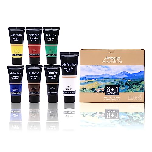 Artecho Acrylic Paint Set, 7 Primary Colors - 6x2.02oz/60ml & 1x4.05oz/120ml Titanium White Tubes, Art Craft Paints for Canvas, Rock, Wood, Fabric, - WoodArtSupply