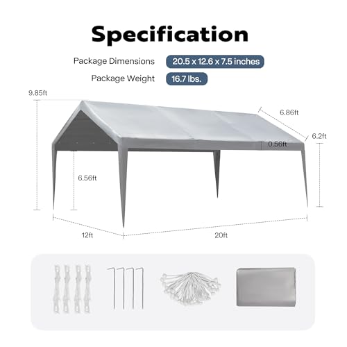 VIVOHOME 12x20ft Carport Replacement Canopy Cover, 180G Waterproof & UV Protected Tarp with 48 Elastic Buckles Suit for Garage Shelter, Frame is Not VIVOHOME