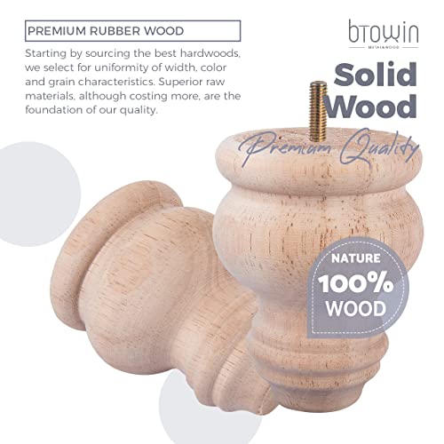 3 inch Mini Unfinished Wooden Bun Feet, Btowin 4Pcs Solid Wood Furniture Legs with Threaded 5/16'' Hanger Bolts & Mounting Plate & Screws for Sofa Btowin