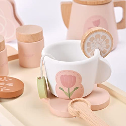 MONT PLEASANT Wooden Tea Set for Little Girls, Wooden Toys, Toddler Tea Set Toy, Play Kitchen Accessories Set, Montessori Toys, Kids Play Kitchen - WoodArtSupply