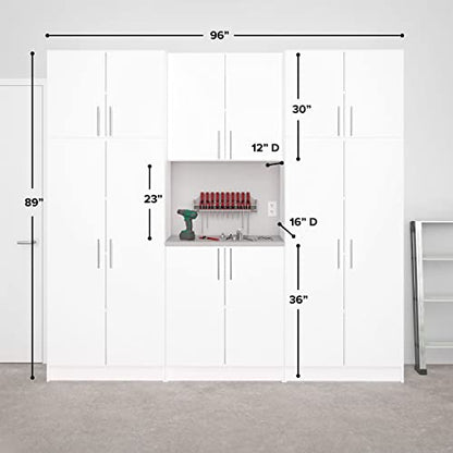 Prepac Elite Functional 6-Piece Garage Cabinets and Storage System Set I, Simplistic Garage Closet Shop Cabinets 16" D x 96" W x 89" H, White,