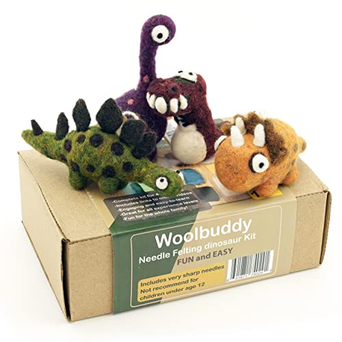 Woolbuddy Needle Felting Kit, 4 Felted Dinosaurs, Felted Animals, Felting Kit for Beginners Adult and Kids, Felting Supplies Included Felting Wool, Woolbuddy