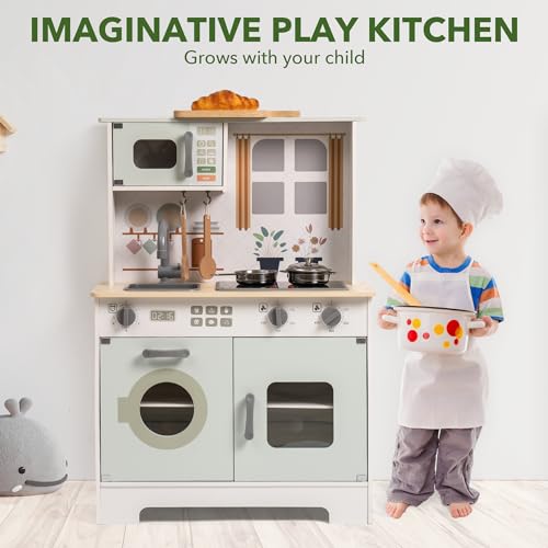 ROBOTIME Play Kitchen Set for Kids Toddlers, Wooden Kids Play Kitchen Playset with Real Lights & Sounds, Pretend Toddler Kitchen Gift for Girls Boys