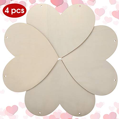 4 Pieces Wooden Heart Cutouts Blank Wood Heart Shape Slices Unfinished Heart Wood Discs with 5 Meters Long Rope for DIY Hanging Ornaments Valentine's