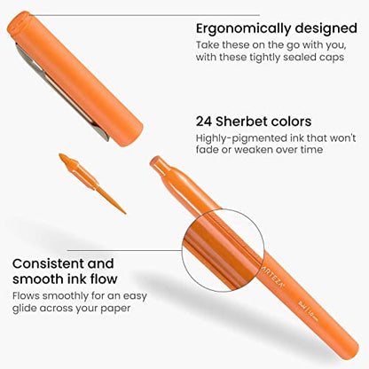 ARTEZA Felt Tip Pens, Set of 24, Sherbet Colors, 1.0–1.5 mm Fiber Tip, Quick-Drying Water-Based Ink, Art Supplies for School, Office, and Home,Orange