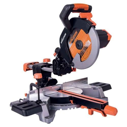 Evolution Power Tools R255SMS 10-Inch Sliding Miter Saw Multi-Material, Multi-Purpose Cutting Cuts Metal, Plastic, Wood & More 0˚ - 45˚ Bevel Tilt &