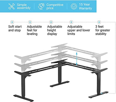 Standing Desk Corner Frame. Adjustable Height and Width Legs with Triple Electric Motors for Home Office L Shaped Desk FLT-05 Black PROGRESSIVE AUTOMATIONS