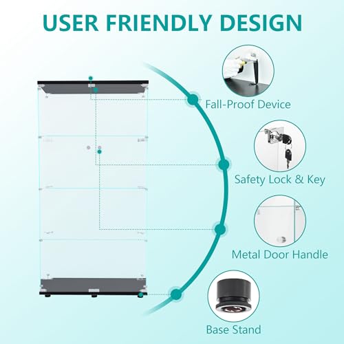 Dolonm Glass Display Cabinet 4 Shelves with 2 Doors, 5mm Tempered Glass Curio Cabinet, Floor Standing Curio Bookshelf, Glass Display Case for Living Dolonm